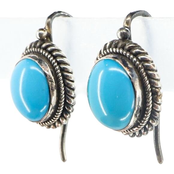 Vintage Artisan Handmade Earrings With Turquoise Unmarked Tested Silver - Picture 2 of 8